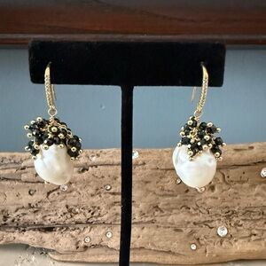 Gold Pearl Drop Earrings with Black Spinel Accents
